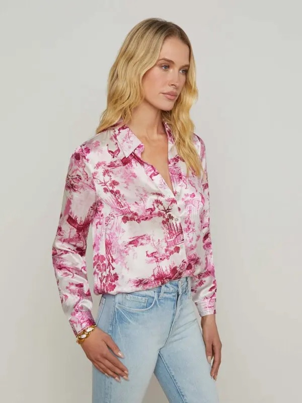 NWT L'Agence Tyler Silk Blouse Top In White/pink Small Porcelain Toile - Picture 2 of 8
